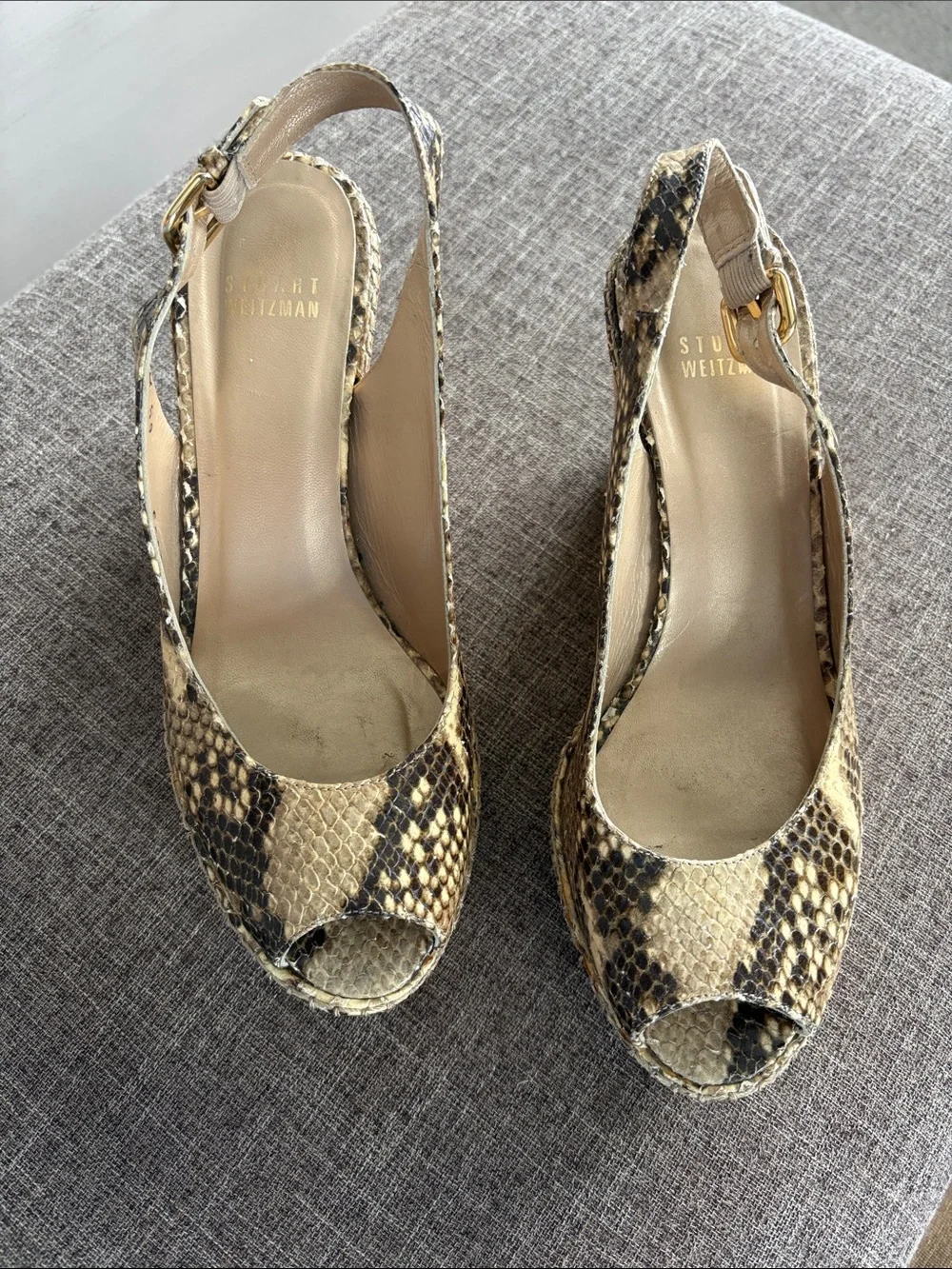 Peep-Toe Wedge Sandals in Snake Print Gold Stuart weitzman 6.5